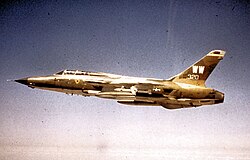F-105G (S/N 63-8320) of the 561st Tactical Fighter Squadron, 388th Tactical Fighter Wing, over Southeast Asia in the summer of 1972. Aircraft scored three MiG kills in Vietnam