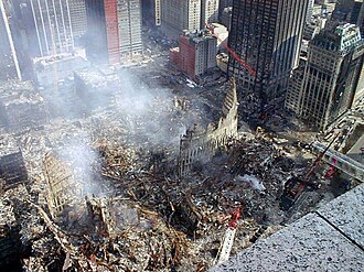 The smouldering pile of debris after the September 11 attacks, Manhattan, New York.