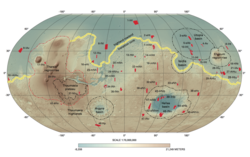Topographic map of Mars showing the highland-lowland boundary marked in yellow, and the Tharsis rise outlined in red (USGS, 2014).[1]