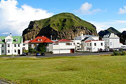 Heimaklettur seen from Stakkagerðistún, which is a public park in the middle of Heimaey