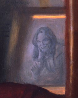 Dr. Bernadine Healy - detail from her husband's portrait, Dr. Floyd Loop, to the right of his face.