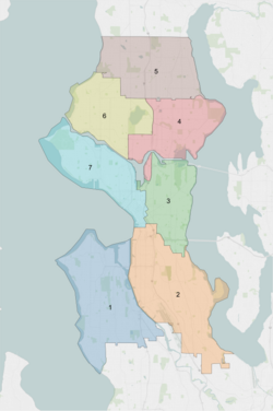 Seattle City Council consists of two at-large positions and seven district seats representing the areas shown from 2016 to 2023.