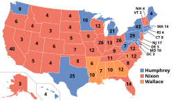 Results of the 1968 presidential election; the popular vote split between Nixon and Democrat Hubert Humphrey was less than one percentage point.