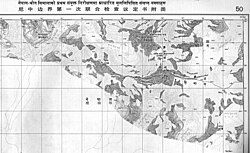 Published by the Survey of Nepal, this is Map 50 of the 57 map set at 1:50,000 scale "attached to the main text on the First Joint Inspection Survey, 1979–80, Nepal-China border." At the top centre, a boundary line, identified as separating "China" and "Nepal", passes through the summit contour. The boundary here and for much of the China–Nepal border follows the main Himalayan watershed divide.