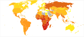 Deaths due to HIV/AIDS per million people in 2012: 0 1–4 5–12 13–34 35–61 62–134 135–215 216–458 459–1,402 1,403–5,828