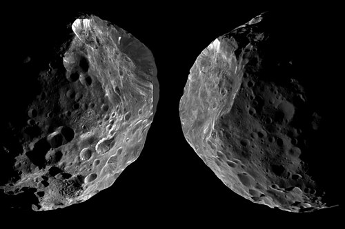 Cassini arrival (left) and departure mosaics of Phoebe (2004)