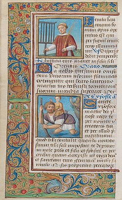 Page from a Latin book of hours, with miniatures of saints. Book of Hours of Alexandre Petau, 16th century, Rouen, well after printing had become more common.
