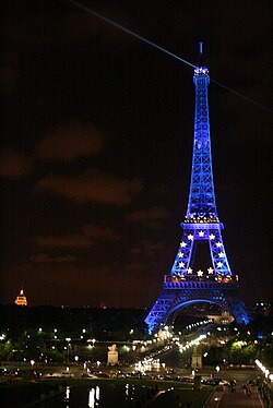 The European emblem emblazoned on the Eiffel Tower
