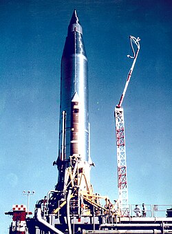 The Atlas-B with SCORE on the launch pad; the rocket (without booster engines) constituted the satellite.