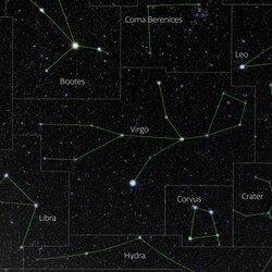 The constellation Virgo showing the IAU boundaries, the constellation stick figure, and labels for its brightest stars. Astrophotograph by Eckhard Slawik, from NOIRLab's 88 Constellations project.