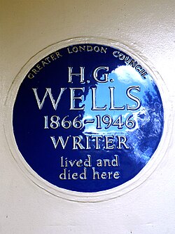 Commemorative blue plaque at Wells's final home in Regent's Park, London