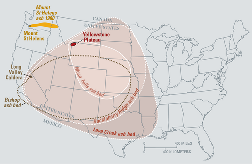 Map of the known ash-fall boundaries for major Pleistocene eruptions in Southwest US. By Volcano Hazards Program