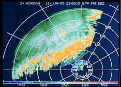 Band of thunderstorms seen on a weather radar display