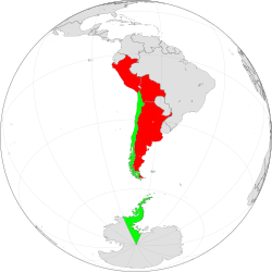 In red, the countries hostile to Chile under the three neighbor hypothesis.