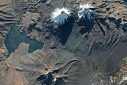 Chungara Lake and Parinacota and Pomerape volcanoes as seen from the ISS. June 2023.