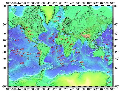 Distribution of hotspots in the list to the left, with the numbers corresponding to those in the list. The Afar hotspot (29) is misplaced.
