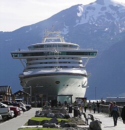 A cruise ship docked in Skagway