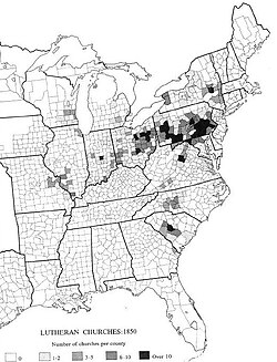 This 1850 census map shows the Lutheran population. Nearly all were German, since few Scandinavians had arrived yet.