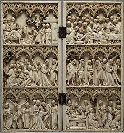 French Gothic diptych, 25 cm (9.8 in) high, with crowded scenes from the Life of Christ, c. 1350–1365