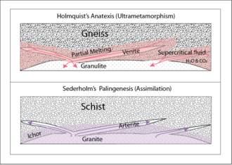 Comparison between anatexis and palingenesis interpretations of migmatite relationship with granulite