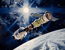 A painting of Apollo–Soyuz, a first milestone in international spaceflight