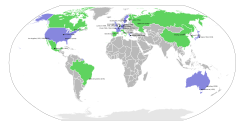 Map of Summer Olympic Games locations – countries that have hosted one Summer Olympics are shaded green, while countries that have hosted two or more are shaded blue.