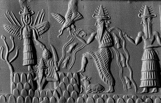Akkadian cylinder seal from sometime around 2300 BC or thereabouts depicting the deities Inanna, Utu, Enki, and Isimud