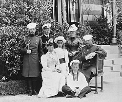 The Imperial family the year before Alexander III's death. From left to right: Tsarevich Nicholas, Grand Duke George, Empress Maria Feodorovna, Grand Duchess Olga, Grand Duchess Xenia, Grand Duke Michael, Emperor Alexander III, Livadia 1893
