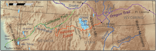 Route taken by the Donner Party, showing the Hastings Cutoff—which added 150 miles (240 km) to their travels—in orange
