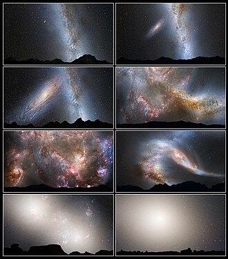 This series of photo illustrations shows the predicted merger between the Milky Way and the neighboring Andromeda Galaxy.