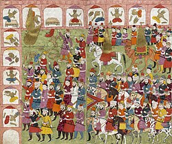 Muhammad's entry into Mecca and the destruction of idols. Muhammad is shown as a flame in this manuscript. Found in Bazil's Hamla-i Haydari, Jammu and Kashmir, India, 1808.