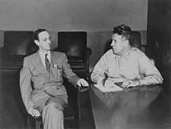 Chadwick (left) with Major General Leslie R. Groves, Jr., the director of the Manhattan Project.