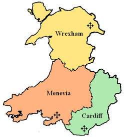 Catholic Province of Cardiff until 2024. A map of the ecclesiastical province in the Catholic Church. The crosses mark where the Cathedrals prior to 2024 of each diocese was located. The pre-2024 specific dioceses are in different colours.