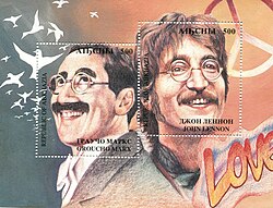 Marx and John Lennon (a pun on "Marx" and "Lenin") on a 1994 Abkhazia stamp as a way of asserting the former Soviet republic's independence.[63]