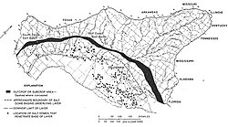 A map of salt domes that penetrate the base of layer 9 (permeable zone C) in the gulf of Mexico off the Louisiana coast.[10]