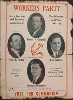 Workers Party campaign poster featuring James P. Cannon, William Z. Foster, Benjamin Gitlow, and Harry Winitsky, 1924