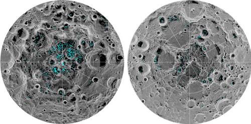 The image shows the distribution of surface ice at the Moon's south pole (left) and north pole (right) as viewed by NASA's Moon Mineralogy Mapper (M3) spectrometer onboard India's Chandrayaan-1 orbiter