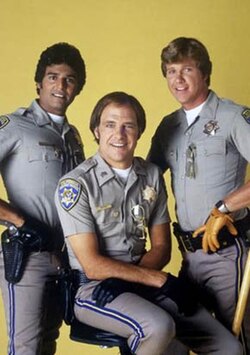 The cast of CHiPs (from left: Erik Estrada as "Ponch", Robert Pine as Getraer, and Larry Wilcox as Jon)