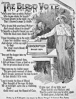 A poster titled "The Blood Vote" depicts a woman pondering how she should vote on the issue of conscription, while the Australian prime minister, William Hughes, depicted as a vampire stands behind her. There is a poem included also.