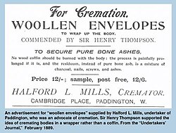 Advertisement for woollen envelopes to wrap the body in for cremation, appearing in the Undertaker's Journal, 1889.