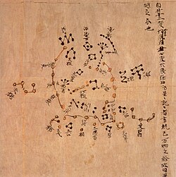 The Dunhuang map from the Tang dynasty (schools were distinguished with different colors: white, black, and yellow for the stars of Wu Xian, Gan De, and Shi Shen respectively. The whole set of star maps contain 1,300 stars.