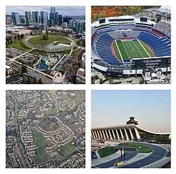 Suburban areas in the United States. Bellevue, Washington (top left) Orchard Park, New York (top right) Fremont, California (bottom left), and Dulles, Virginia (bottom right)