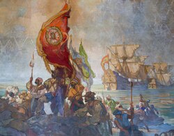 Portuguese explorer Juan Rodríguez Cabrillo landing in San Diego Bay in 1542, claiming California for the Spanish Empire