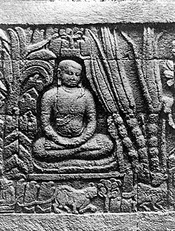 A Buddhist hermit meditating in secluded forest, Borobudur bas-relief