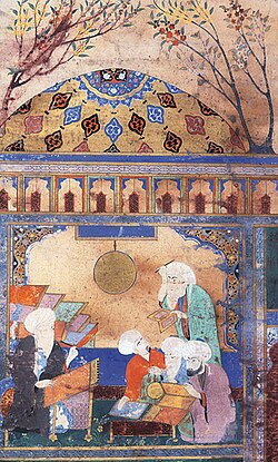 Painting of Al-Tusi and colleagues working on the Zij-i Ilkhani at the observatory
