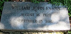 Evans is buried at Roselawn Memorial Park and Mausoleum, Baton Rouge, East Baton Rouge Parish, Louisiana, Section 161, Plot K.