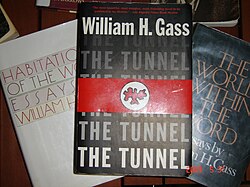 A paperback copy of William H. Gass' controversial novel The Tunnel on top of two of his collections of essays: "Habitations of the Word" and "The World Within the Word"