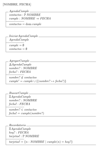 An example of a formal specification (in Spanish) using the Z notation, with named schema boxes, including declarations and predicates