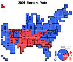 Cartogram of the Electoral Votes for 2008 United States presidential election, each square representing one electoral vote. The map shows the impact of winning swing states. Nebraska, being one of two states that are not winner-take-all, for the first time had its votes split, with its second congressional district voting for Obama.