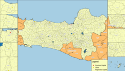 Administrative map of Central Java, showing the boundaries and names of all regencies, cities and districts.